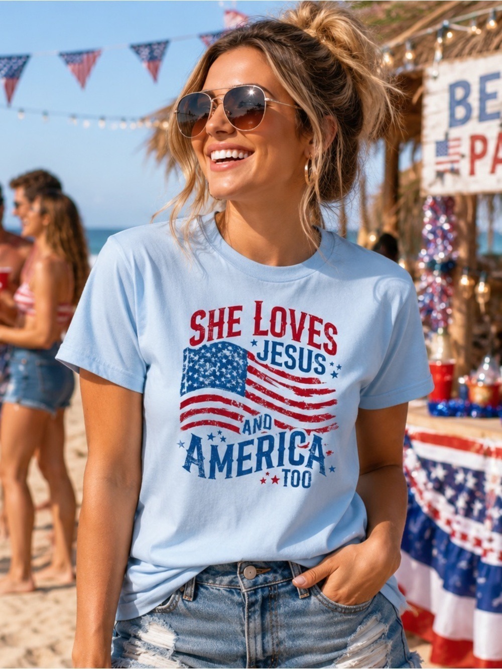 Light Blue Graphic Tee - 'She Loves Jesus and America Too' NWOT